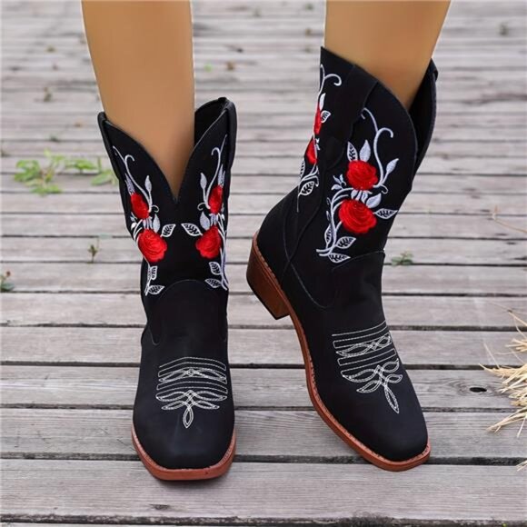 NWT Multiple Sizes Stylish Women's Embroidered Cowboy Boots Red Floral Design - Picture 1 of 9